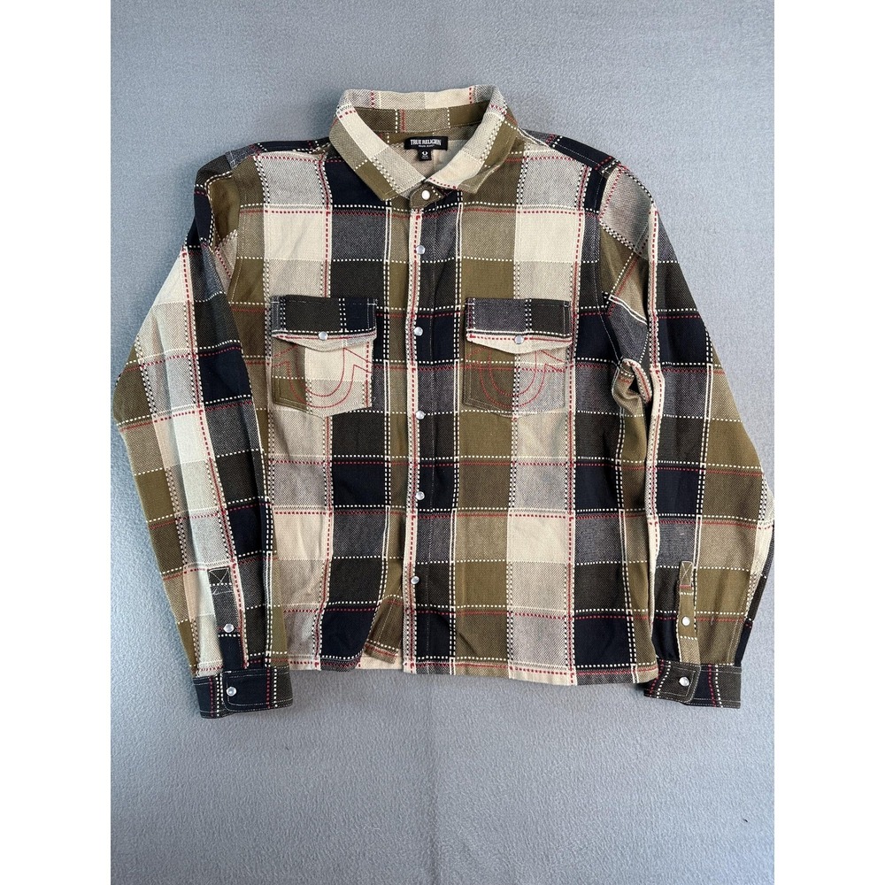 True Religion Shirt Mens Medium Plaid Western Pearl Snap Button Up Casual